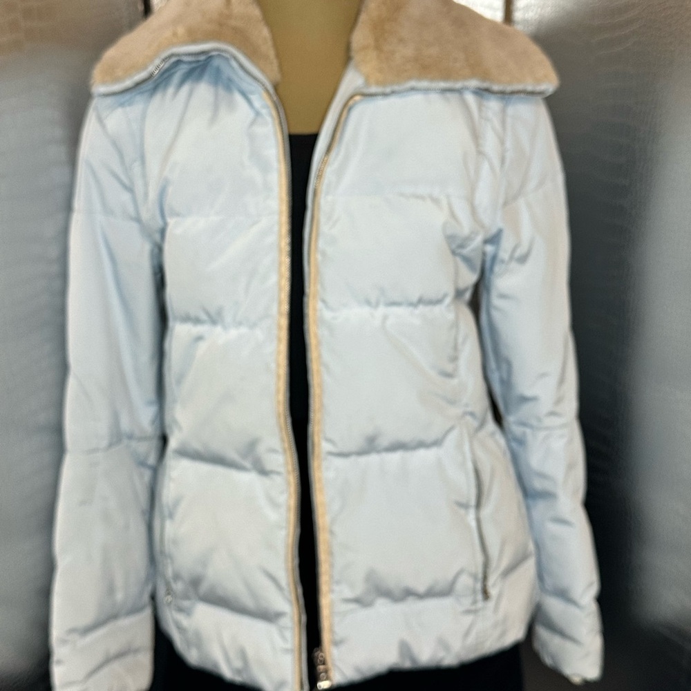 Bogner Blue and Tan Puffer Jacket High Collar Insulated